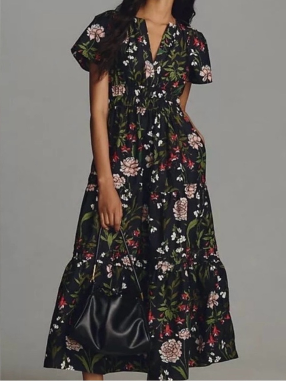 Anthropologie The Somerset Maxi Dress Tiered Smocked Floral Black Motif M